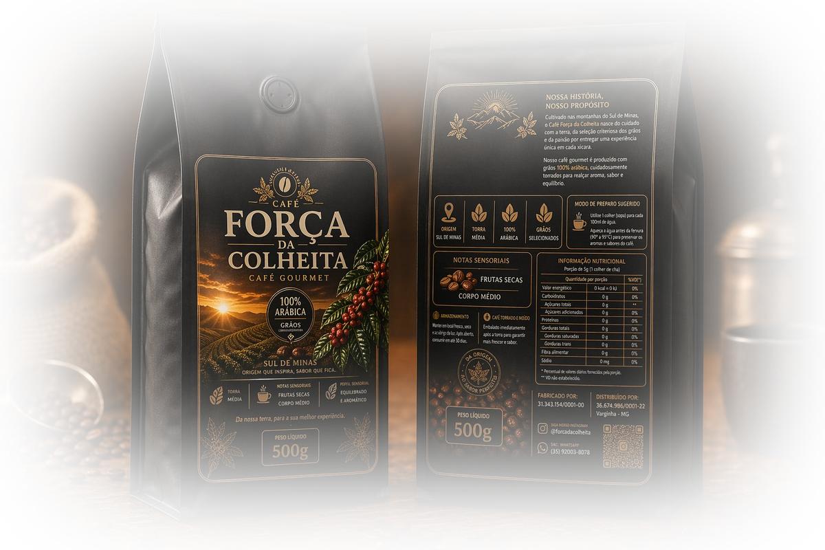 Café Força da Colheita — embalagem 500g frente e verso